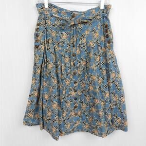 ModCloth Tropical Button Front Skirt Size 10 Blue Floral Below Knee Midi Pockets
